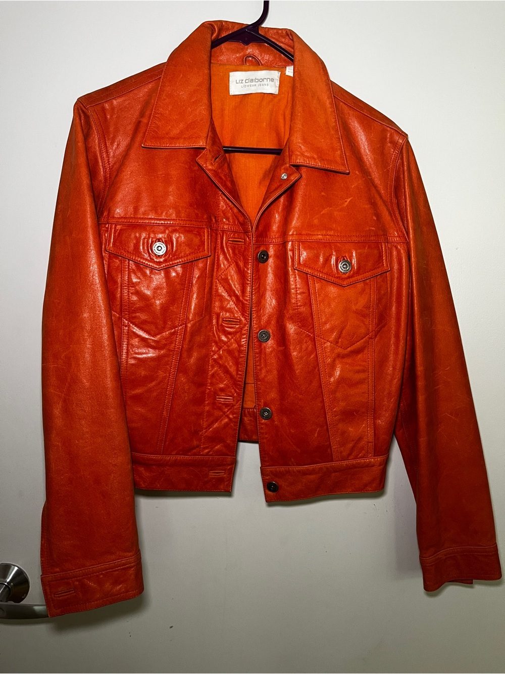 Vintage Liz Claiborne Lizwear Orange Leather Trucker Jacket Y2K 90s M